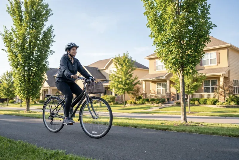 A woman rides a bike along a sunny path.