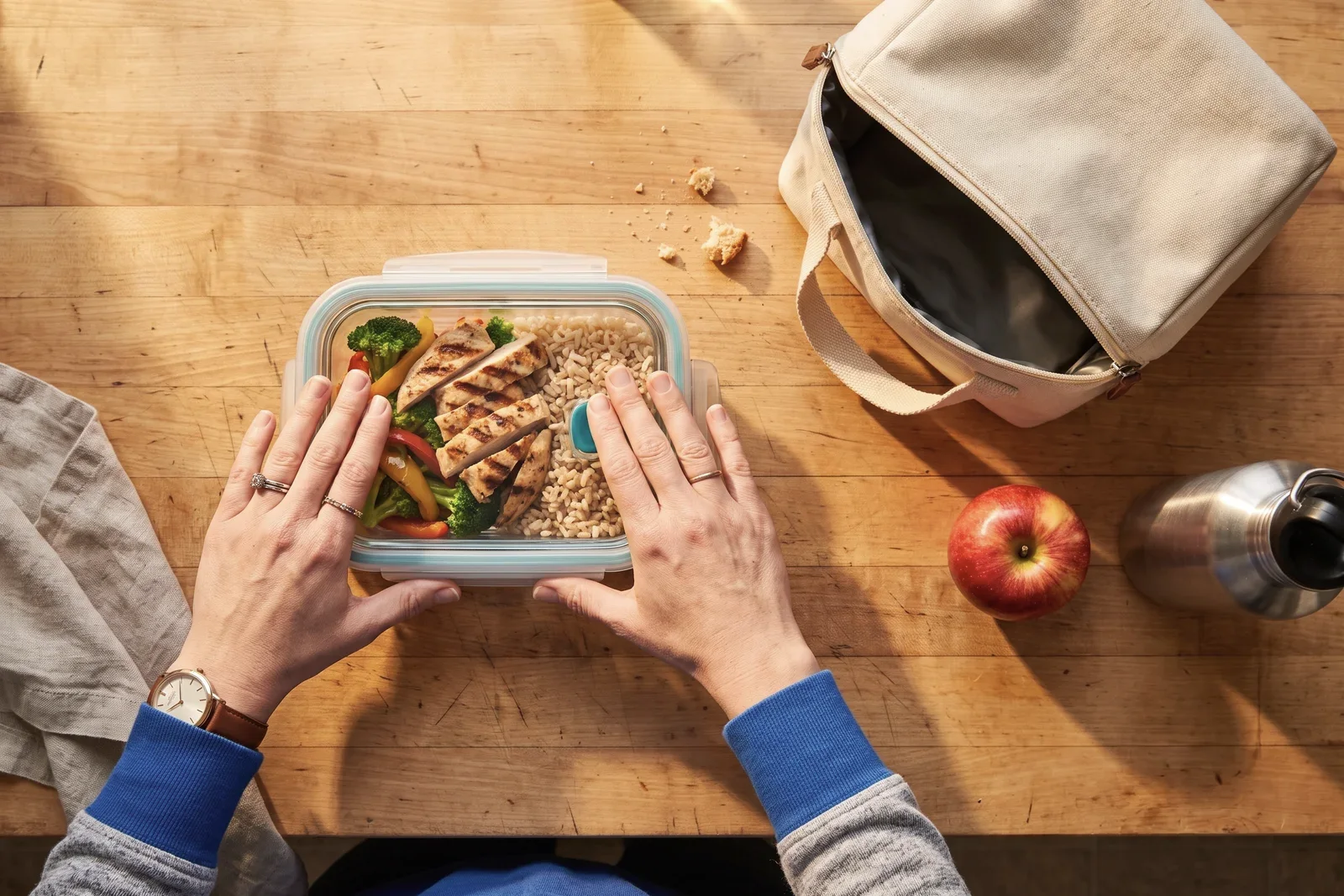 Hands pack a lunch container on a bright kitchen counter.