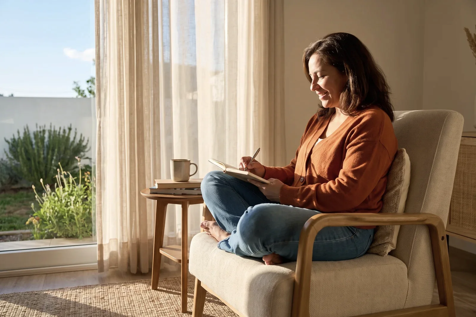 A woman sits in an armchair by a sunny window, writing in a notebook.