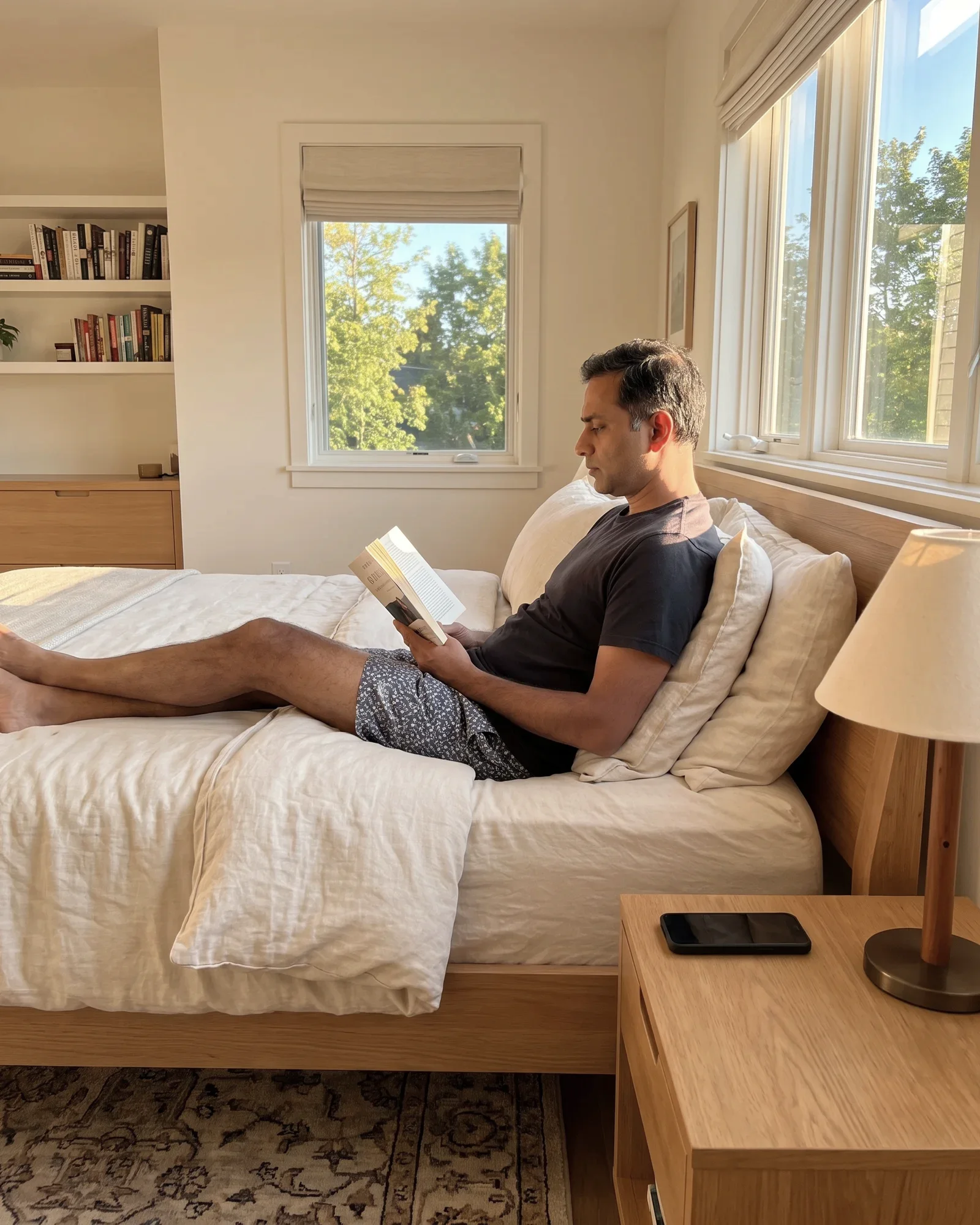 A man reads a book in bed in daylight, his phone face down on the nightstand.